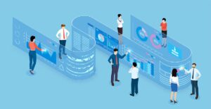 Big Data Statistics Analytics Computing Center Isometric Flat vector illustration. People standing working with data to improve loyalty programs